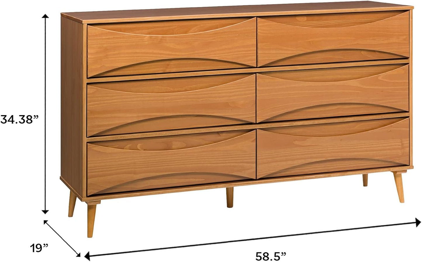 Atticus Mid-Century Modern Detailed-Drawer Solid Wood Dresser, 59 Inch, Caramel