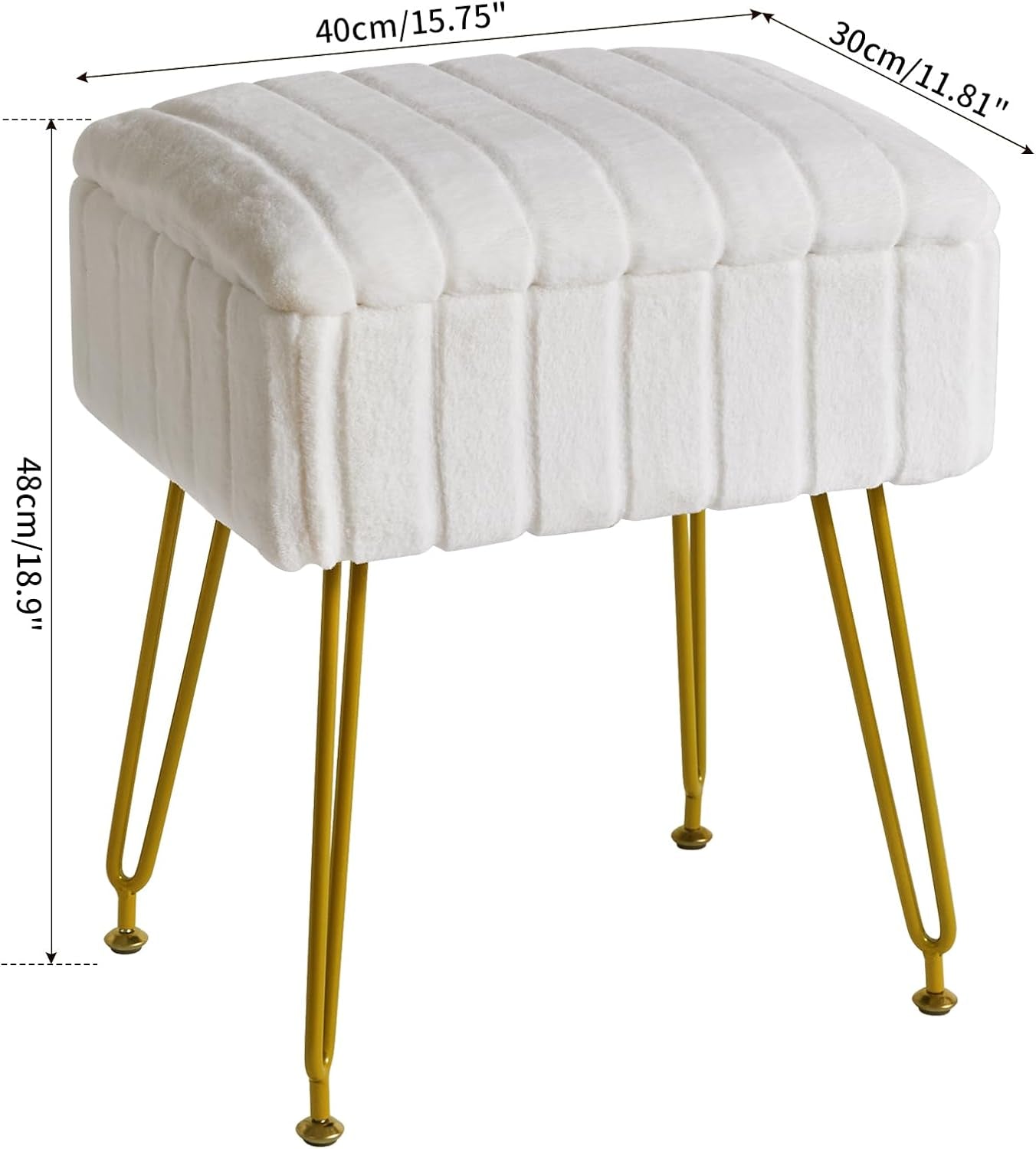 Stool Chair with Storage Space, Footrest Footstool Ottoman, Small Side Table, with 4 Metal Legs, with Anti-Slip Feet, for Makeup Room, Bedroom, White, Faux Fur LG-50W