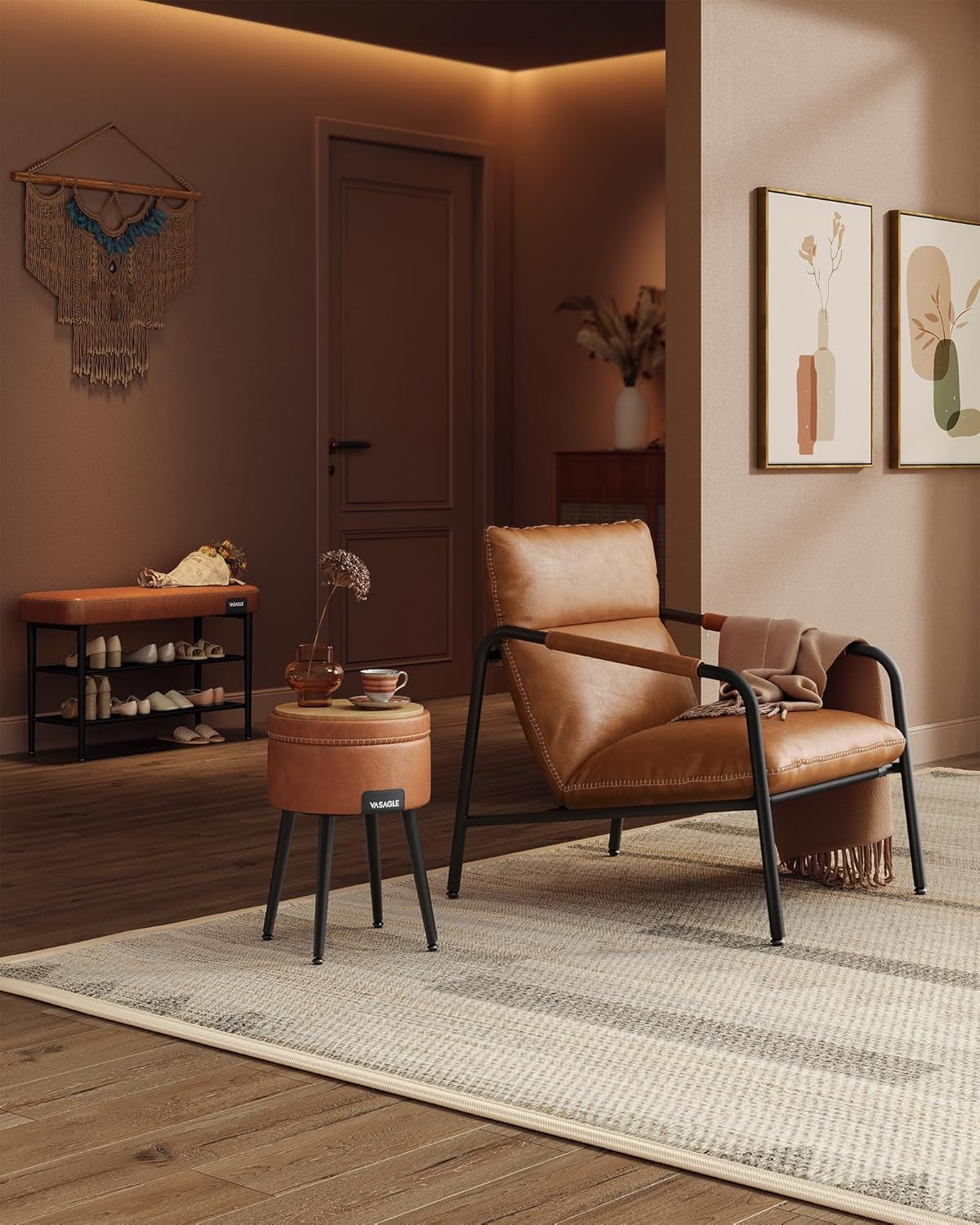 EKHO Collection - Accent Chair, Metal Framed Armchair, Synthetic Leather with Stitching, Mid-Century Modern, Sling Chair for Living, Bedroom, Reading Room, Lounge, Caramel Brown ULAC014K01