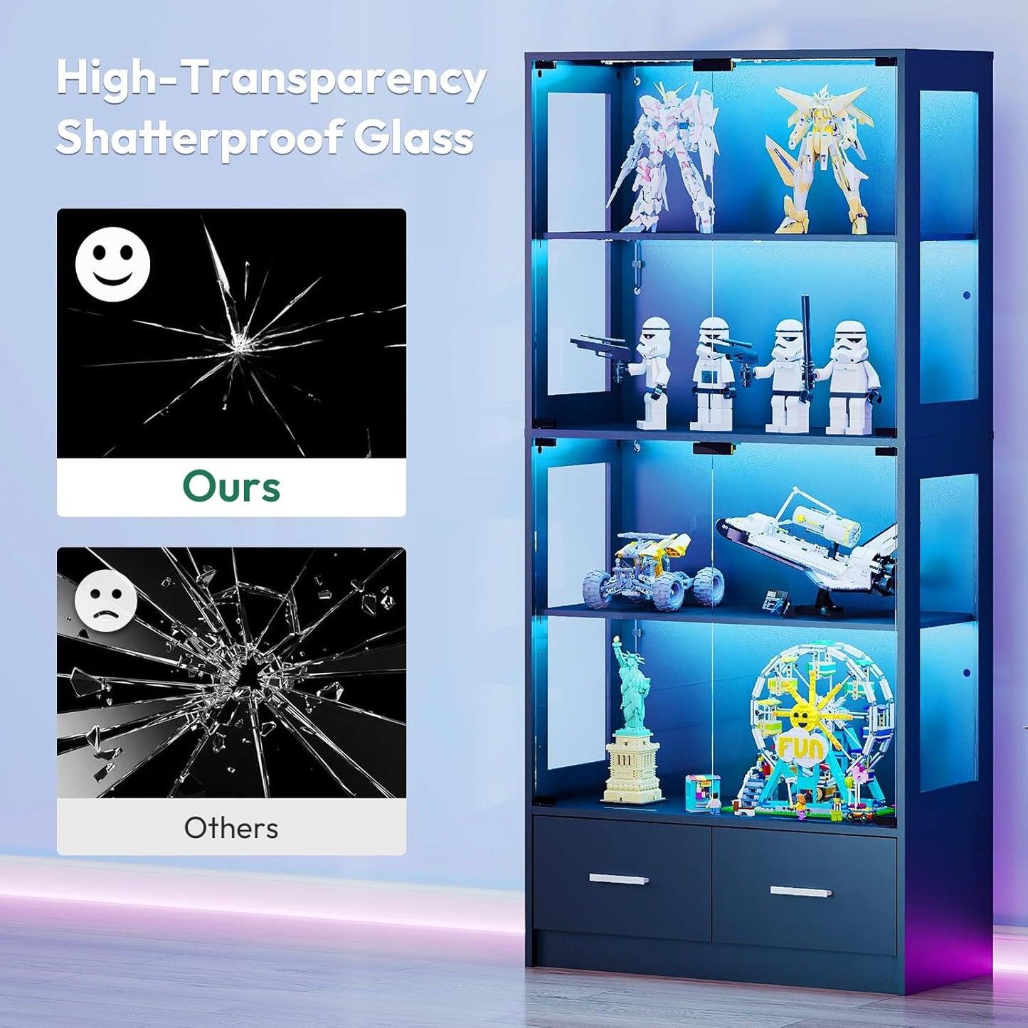 Display Cabinet with Lights - 67" Curio Cabinet for Collectibles with Glass Door and 2 Drawers, 4 Tier Glass Display Case for Living Room, Black