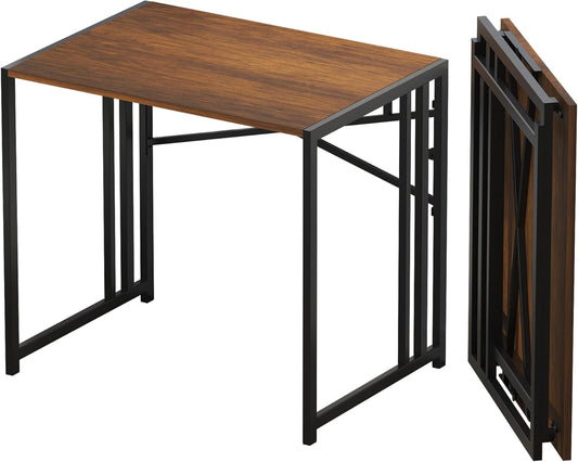 32 Inch Folding Small Desk, Writing Gaming Computer Camping Desk for Small Spaces, No Assembly Required Home Office Desk, Mahogany