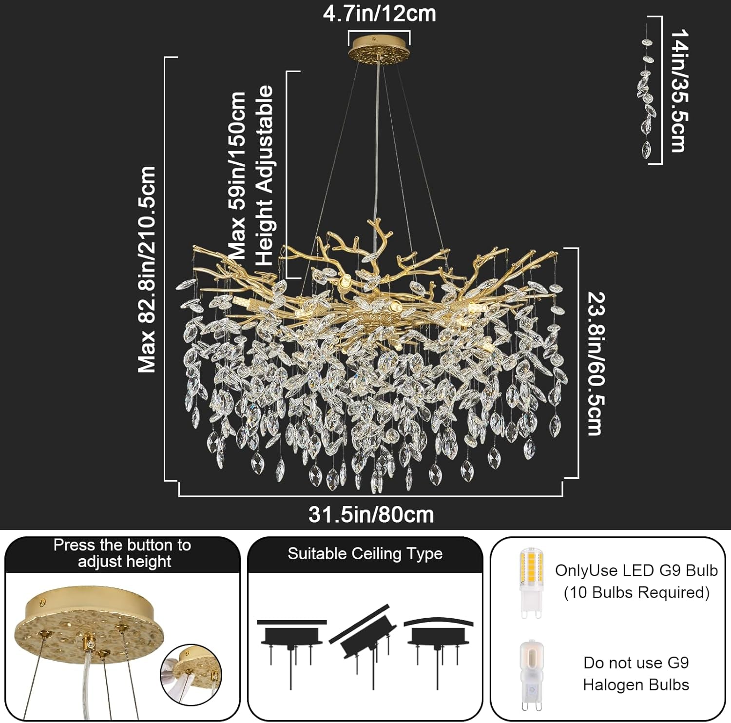 31.5" Modern Crystal Chandeliers for Dining Room,Gold Crystal Tree Branches Chandelier, round Dining Room Chandelier over Table, Chandeliers for Living Room, Entryway,Foyer