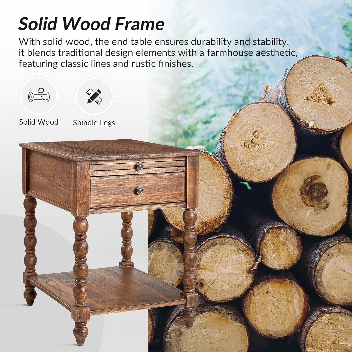 Spindle Nightstands with Charging Station, Solid Wood Nightstand with Drawer Shelf, Side Table with Pull-Out Shelf (Walnut)