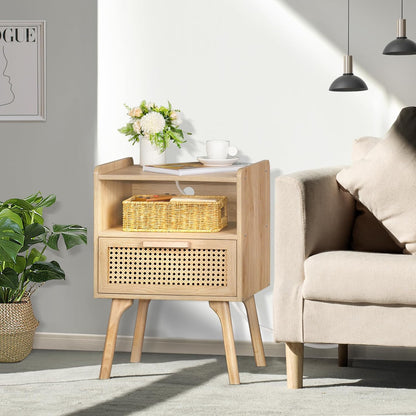 Rattan Nightstands Set of 2 with Charging Station, Boho Side Table with Drawer Open Shelf, Cane Accent Bedside End Table with Solid Wood Legs for Bedroom, Dorm and Small Spaces (Natural)