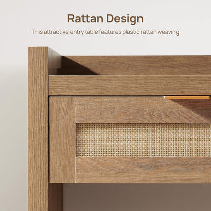 60" Rattan Console Table for Entryway - Farmhouse Entry Table Sofa Table with 3 Drawers, Narrow TV Console Table with Storage for Living Room, Hallway, Couch, Foyer