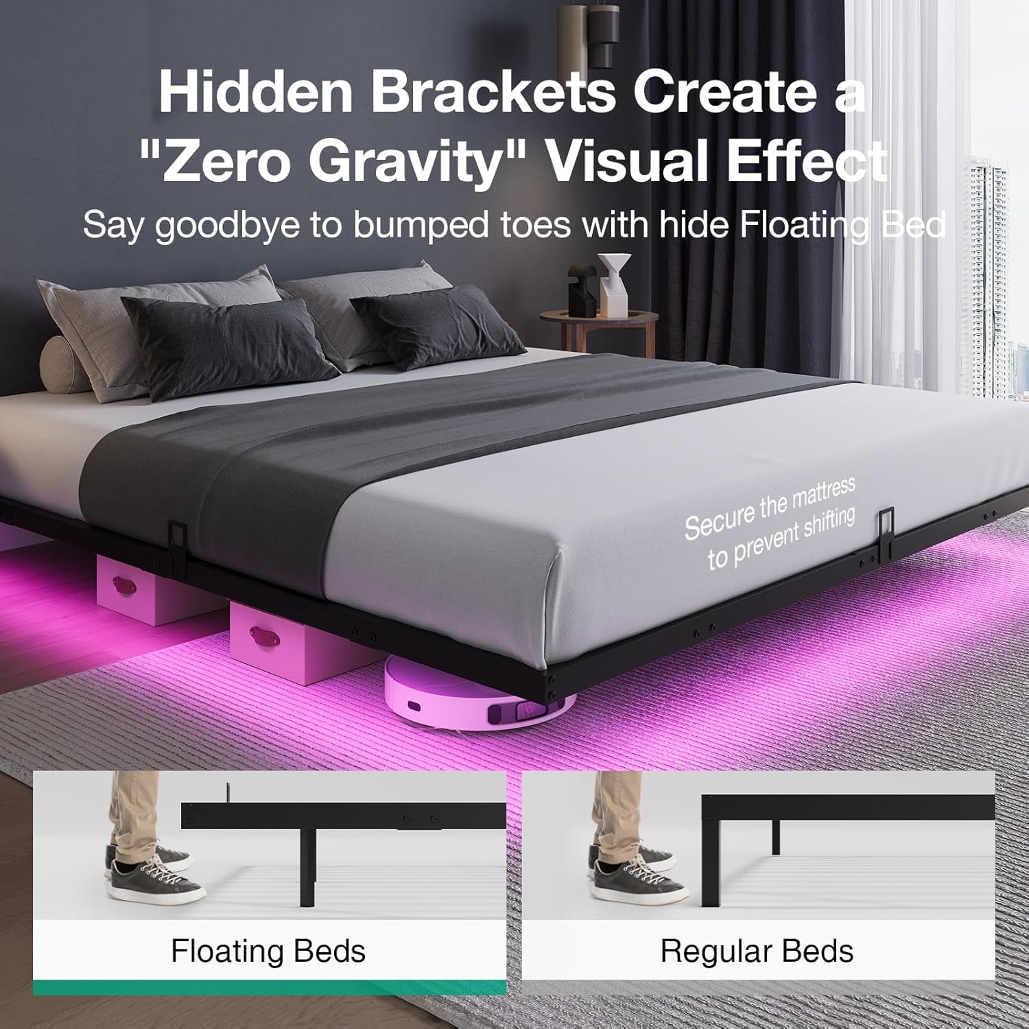Floating Bed Frame with LED Lights, Modern Platform King Size Bed Frame with Mattress Slide Stopper, Easy Assembly, No Box Spring Needed, Noise Free