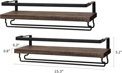 Wall Mounted Wine Rack Set of 2 Wood Rustic Wine Bottle Glass Floating Shelves with Stemware Hanger Modern Plants Photos Wine Display Storage Holder for Kitchen Dining Room Bar, 17 Inch