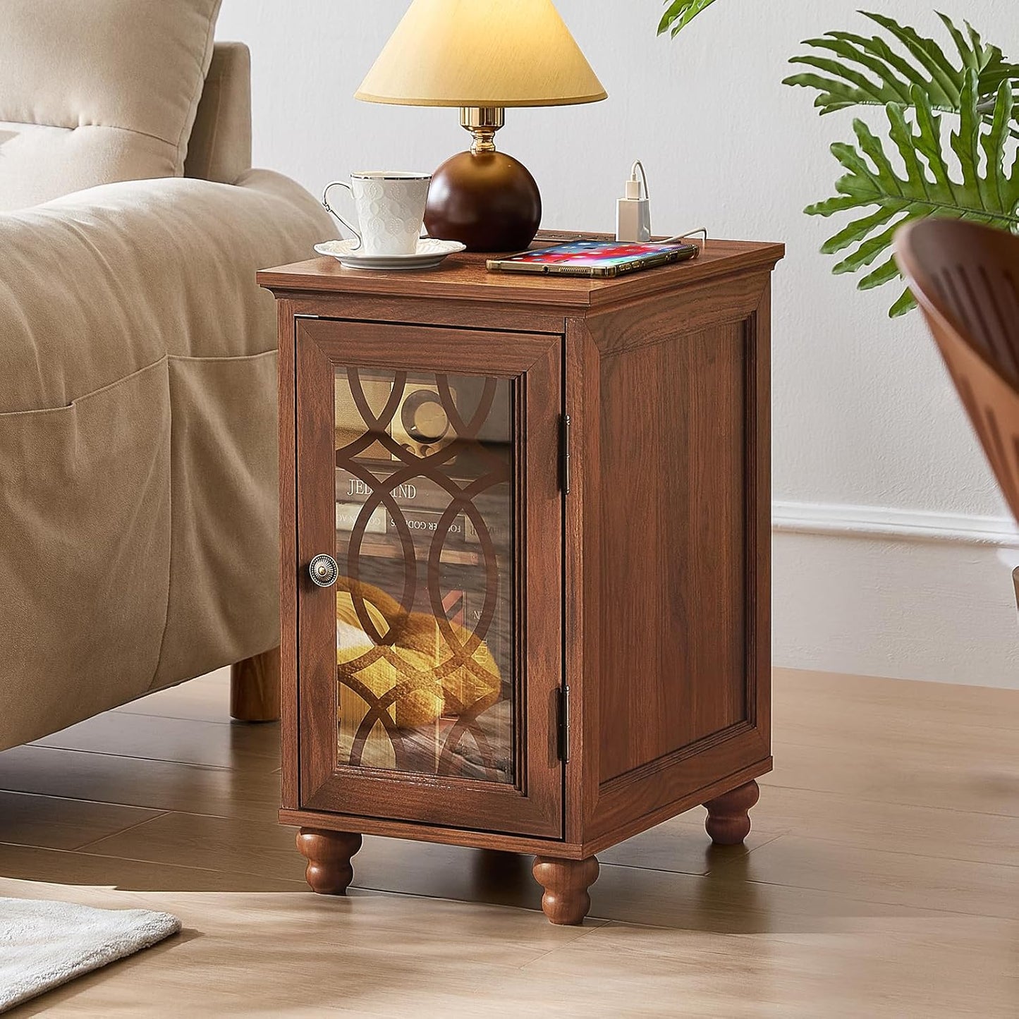 Narrow Side Table with Charging Station Set of 2, Night Stand with Glass Door,Bedside End Tables with Adjustable Shelf Storage Cabinet,Wood Nightstand for Small Spaces Living Room Bedroom