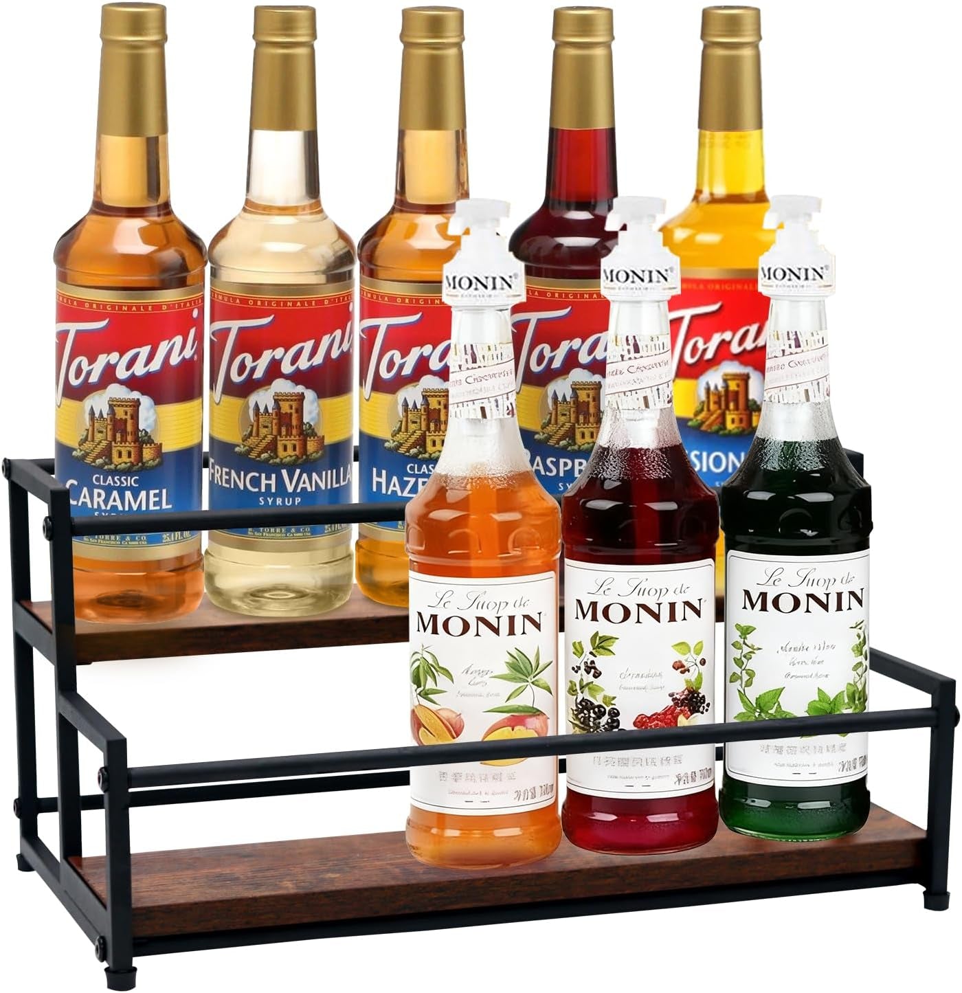 Coffee Syrup Rack Organizer - 2-Tier 10 Syrup Bottles Holder for Coffee Bar, Liquor Bottle Display Shelf - Rustic Kitchen Cabinet for Spices, Jars - Stepped Pantry Shelf for Syrup, Wine, Tea & Coffee