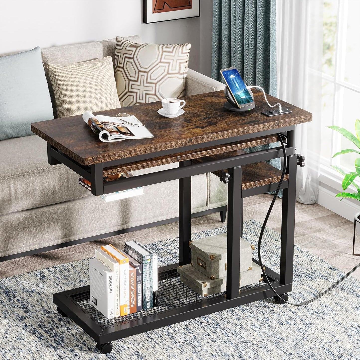 Small Portable Desk with Power Outlet, Height Adjustable Sofa Couch Bedside Laptop Table with Wheels, Mobile Standing Desk Rolling Computer Cart C Side Table with USB Ports