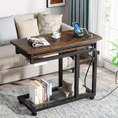 Small Portable Desk with Power Outlet, Height Adjustable Sofa Couch Bedside Laptop Table with Wheels, Mobile Standing Desk Rolling Computer Cart C Side Table with USB Ports