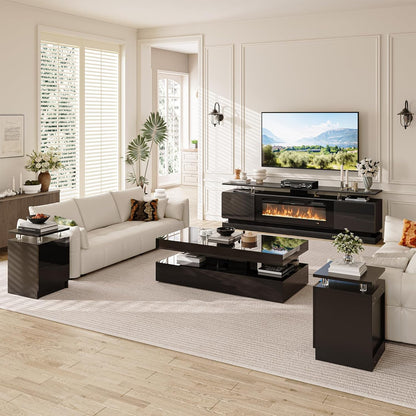 4-Piece Modern Living Room Table Set, Includes High Gloss 70" Fireplace TV Stand, LED Coffee Table and End Tables Set of 2 with Storage Drawers, Black