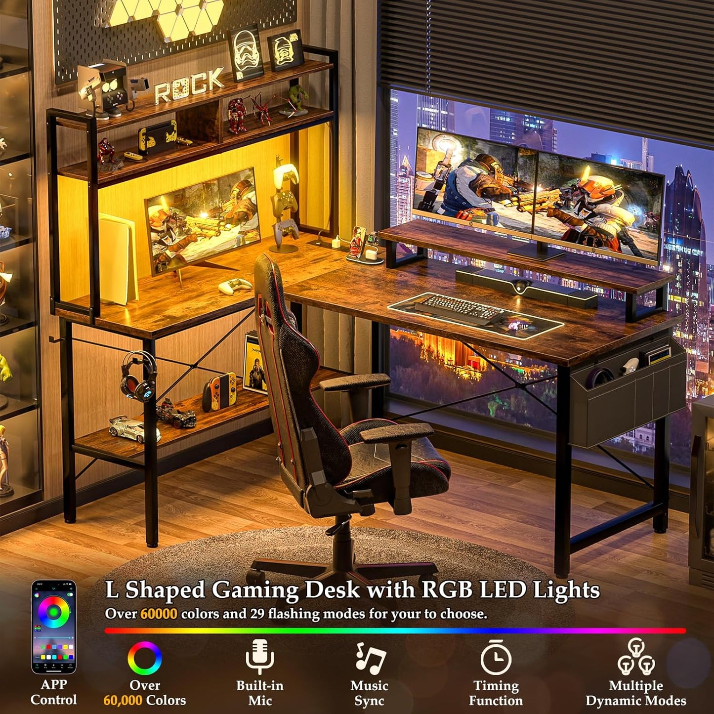 L Shaped Gaming Desk with Power Outlets & LED Lights, Small L-Shaped Desk Computer Corner Desk with Monitor Stand & Storage Shelf, Home Office Desk Writing Desk with Storage Bag, Rustic Brown