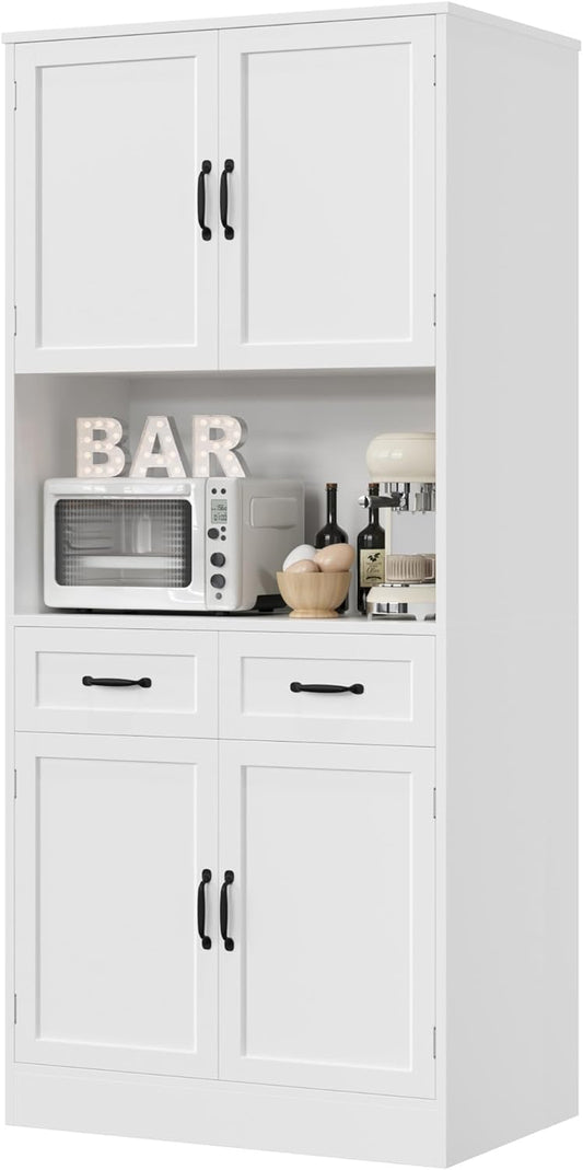 71“ Tall Kitchen Pantry Storage Cabinet, Modern Kitchen Hutch Bar Cabinet with Microwave Stand, Wood Buffet Sideboard with Hutch, Cupboard with Drawers, Shelves for Dining Room, White