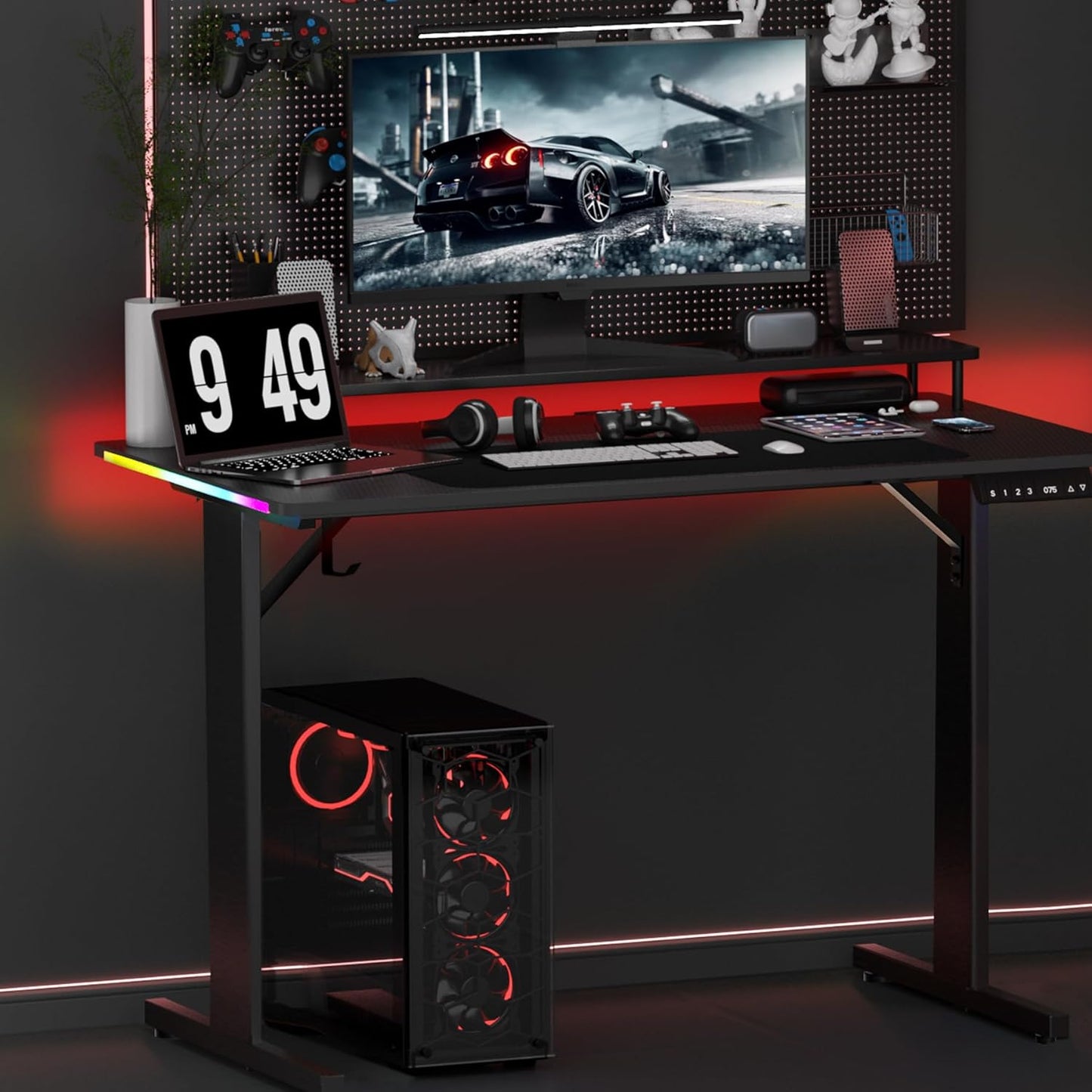 Gaming Desk 55 Inch with LED Lights, Large Computer Desk with Mouse Pad for Home Office, T-Shaped Carbon Fibre Surface PC Game Workstations with Headphone Hook