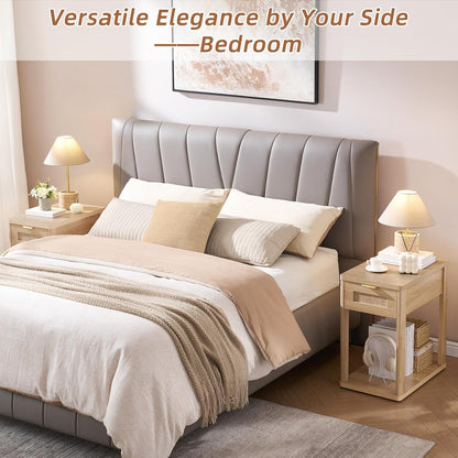 Narrow Side Table with Charging Station, 24X14''Rattan Night Stand with Drawer Storage, Brown Bedside End Table with Metel Handle for Small Spaces Wood Boho Nightstand for Living Room Bedroom