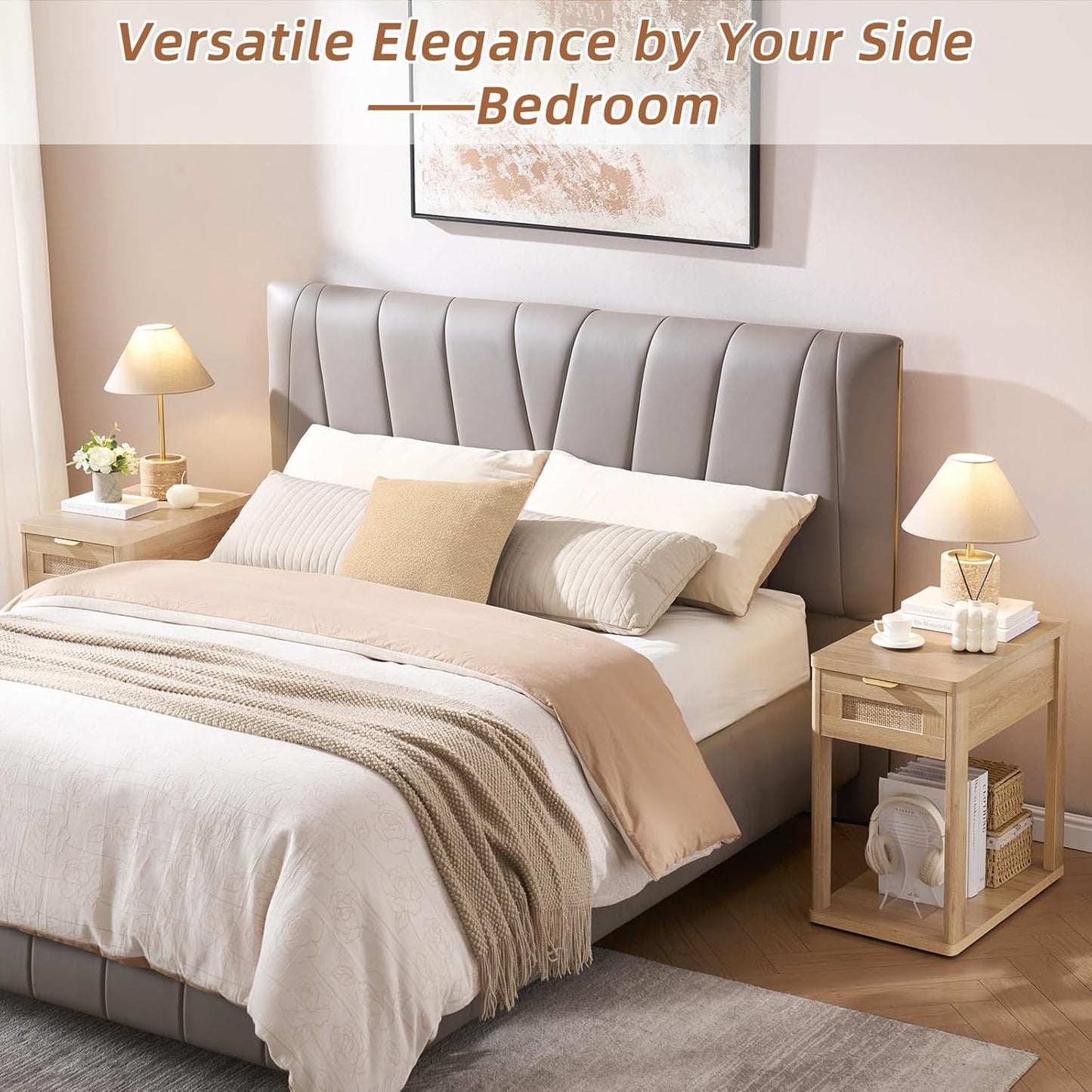 Narrow Side Table Set 2 with Charging Station,Rattan Night Stand with Drawer Storage,Natural Wood Bedside End Table with Metel Handle for Small Spaces,Boho Nightstand for Living Room Bedroom