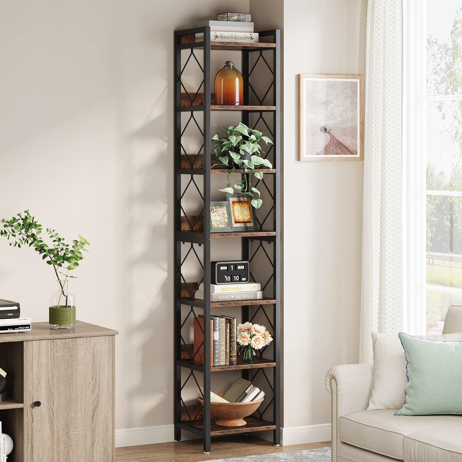 78.7 Inch Extra Tall Narrow Bookshelf, 7 Tier Skinny Bookcase for Small Spaces, Freestanding Display Shelves, Multifunctional Corner Storage Organizer for Home Office, Rustic Brown