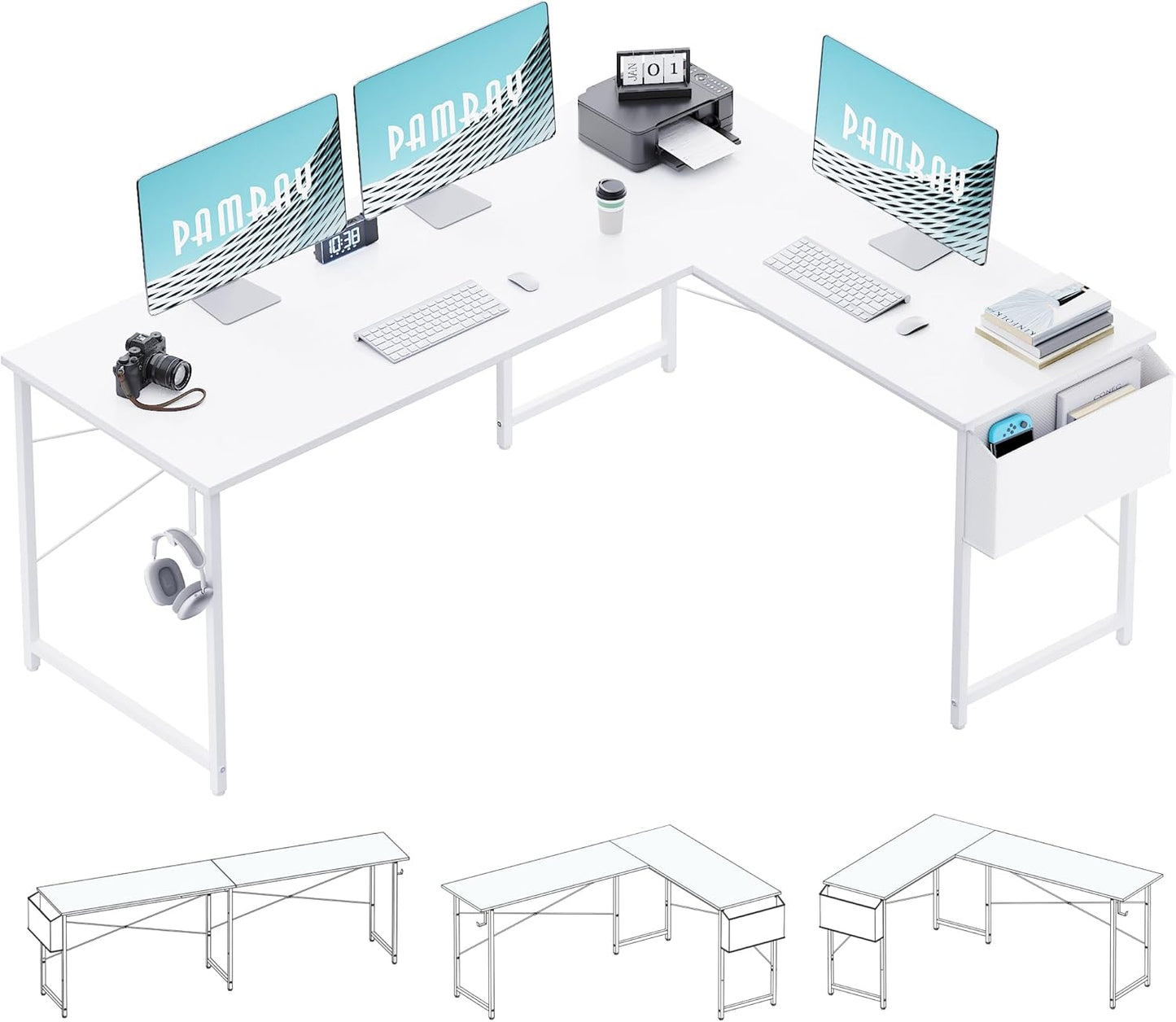 64.5 Inch Reversible L Shaped Gaming Desk Large Corner Computer Desk with Storage Bag Home Office Table for Writing Study White
