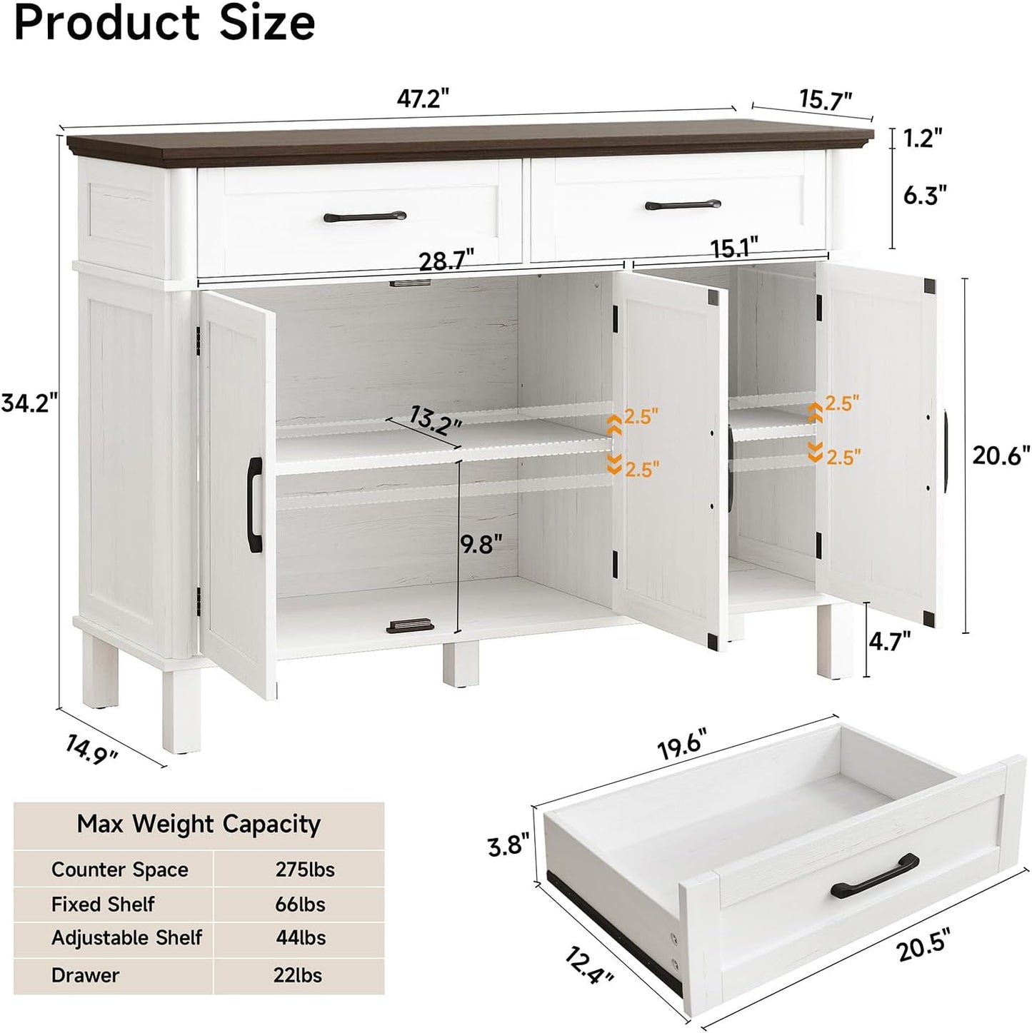 48 Inches Buffet Cabinet with Storage, Farmhouse Sideboard Buffet W/2 Drawers and 3 Doors, Wood Coffee Bar Cabinet with Adjustable Shelves, Sideboard Storage for Kitchen, Living Room, off White