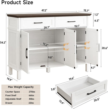 48 Inches Buffet Cabinet with Storage, Farmhouse Sideboard Buffet W/2 Drawers and 3 Doors, Wood Coffee Bar Cabinet with Adjustable Shelves, Sideboard Storage for Kitchen, Living Room, off White