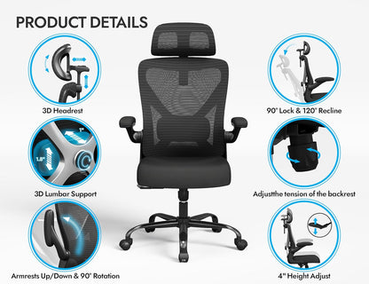 Ergonomic Office Chair - X-Shaped Computer Desk Chair Comfy, Gaming Chair, Office Chair with Lumbar Support, Mesh Office Chairs with Headrests, Desk Chair for Long Hours (Black Silver)