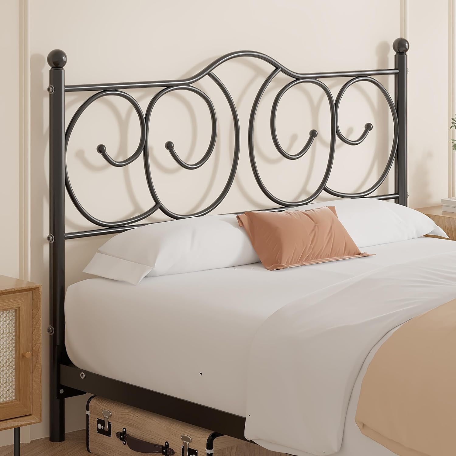Metal Full Size Headboard, Heavy Duty Curved Headboard Only Height Adjustable, Easy to Assembly, Farmhouse Victorian Style for Bedroom - Black, Full