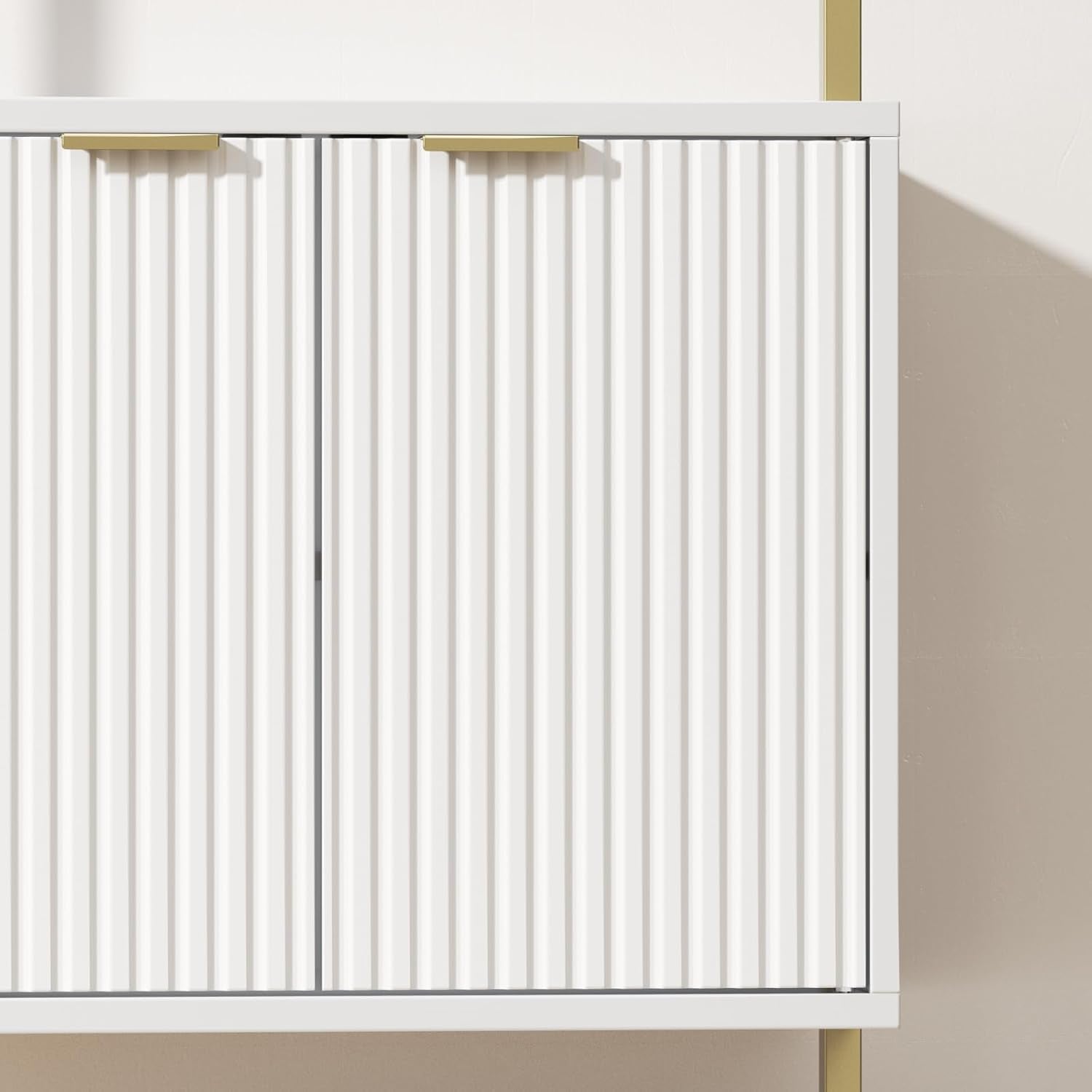 3 Tier White & Gold Ladder Shelf with Storage Cabinet, Modern Ladder Bookshelf with Doors, Wall Mount Bookcase with Metal Frame, Display Shelves for Living Room, Bedroom, Bathroom, Home Office