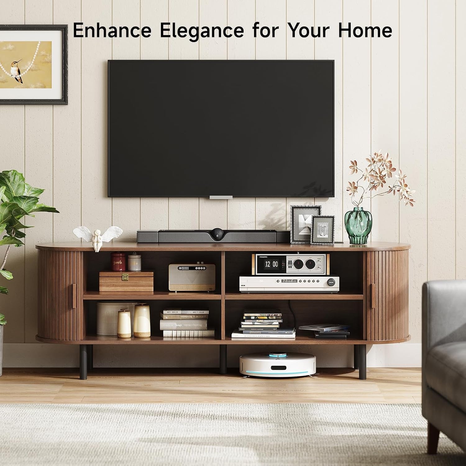 63" TV Stand with Power Outlet for Tvs up to 70 Inch, Entertainment Center with Storage and Adjustable Shelves, Modern Media Console with Sliding Doors for Living Room, Walnut