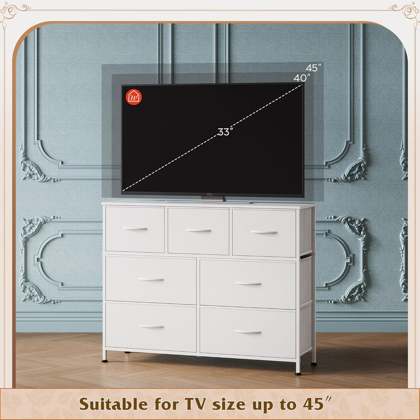 7 Drawer Dresser TV Stand, Dressers for Bedroom, Fabric Storage Tower, Hallway, Entryway, Closets, Sturdy Steel Frame, Wood Top, Easy Pull Handle, White
