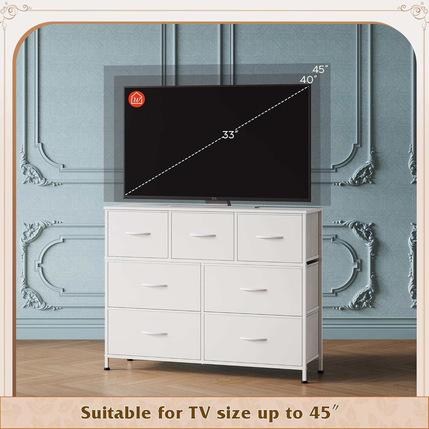7 Drawer Dresser TV Stand, Dressers for Bedroom, Fabric Storage Tower, Hallway, Entryway, Closets, Sturdy Steel Frame, Wood Top, Easy Pull Handle, White