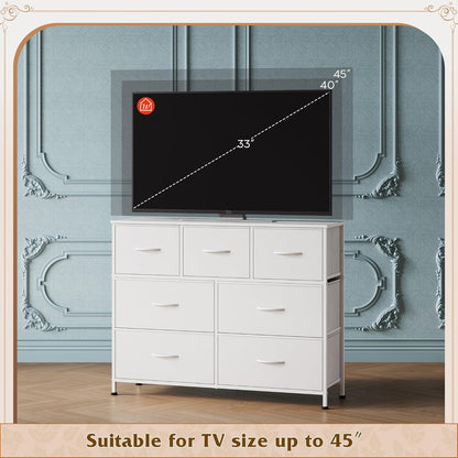 7 Drawer Dresser TV Stand, Dressers for Bedroom, Fabric Storage Tower, Hallway, Entryway, Closets, Sturdy Steel Frame, Wood Top, Easy Pull Handle, White