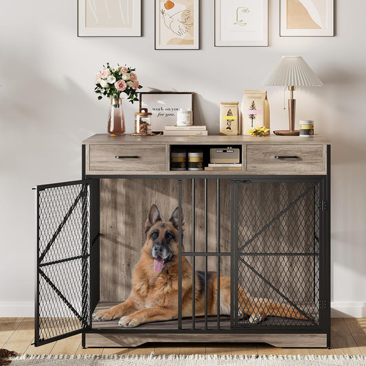 44 in Dog Crate Furniture with Drawers, Wooden Dog Cage with Open Compartment & Double Doors, Heavy Duty Indoor House End Table for Small Medium Large Breeds, Vintage Brown & Black