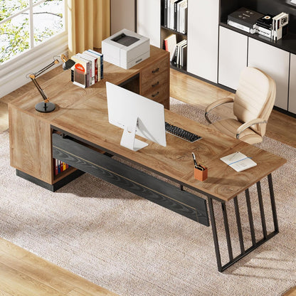 71-Inch Executive Desk, L-Shaped Desk with Cabinet, Large Office Desk with Drawers and Storage Shelves, Writing Table Computer Desk for Home Office, Oak and Black