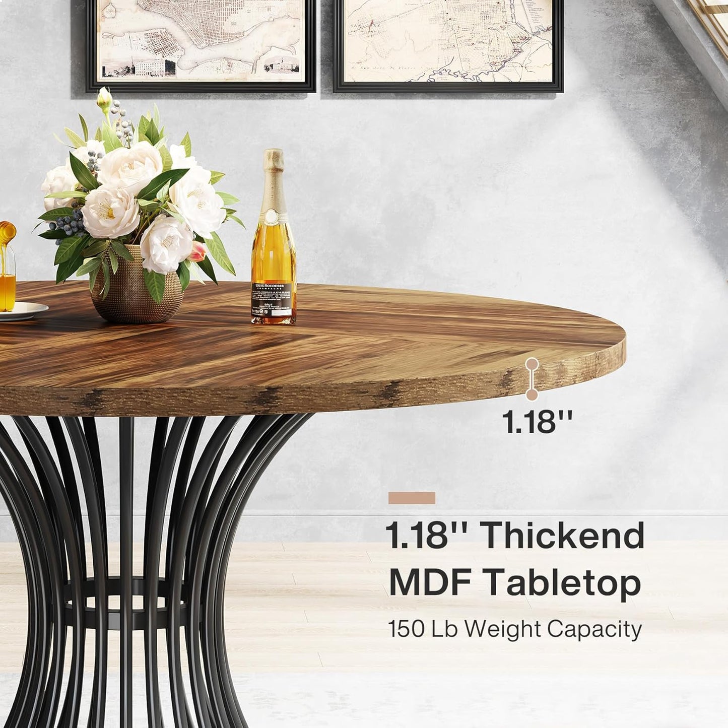 round Dining Table for 4-6 People, 47-Inch Farmhouse Dinning Room Circle Kitchen Table, Industrial Dinner Table with Metal Base for Kitchen, Living Room, Black and Brown