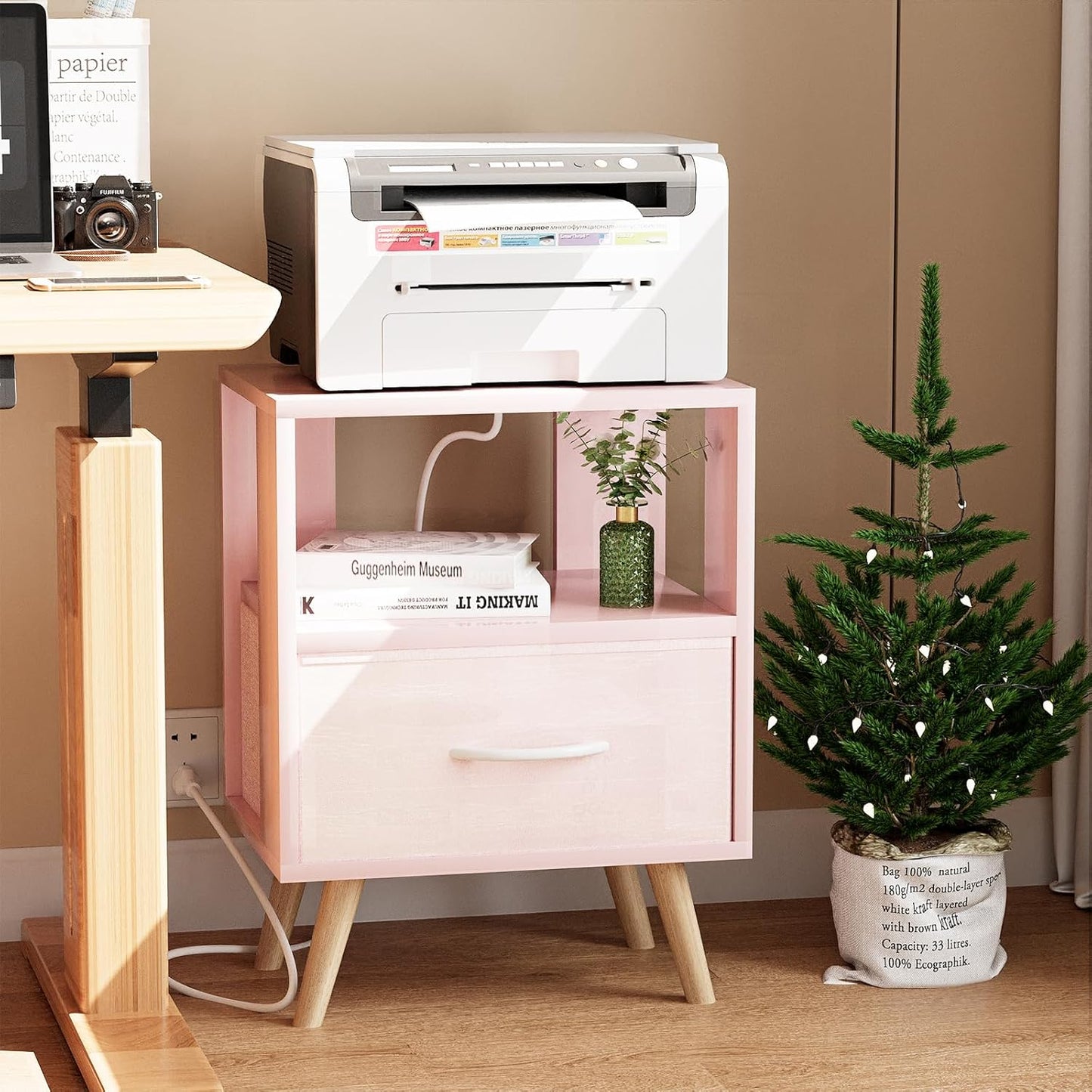 Night Stand with Charging Station, Pink Kids Nightstand with Drawer, 2-Tier Nursery Bedside Table with USB Ports and Outlets, End Table for Small Space, Living Room, Bedroom