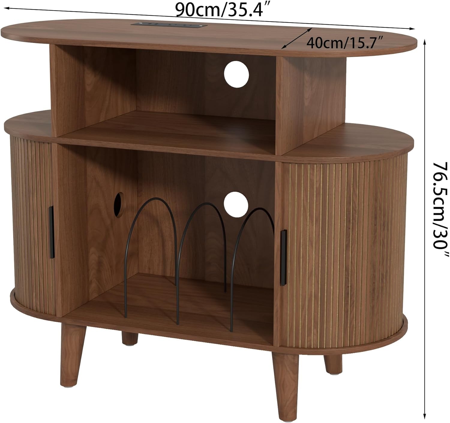 Large round Record Player Stand with Charging Station & USB Ports，Record Storage Cabinet, Mid Century Modern Turntable Stand for Bedroom Living Room (Small Brown)