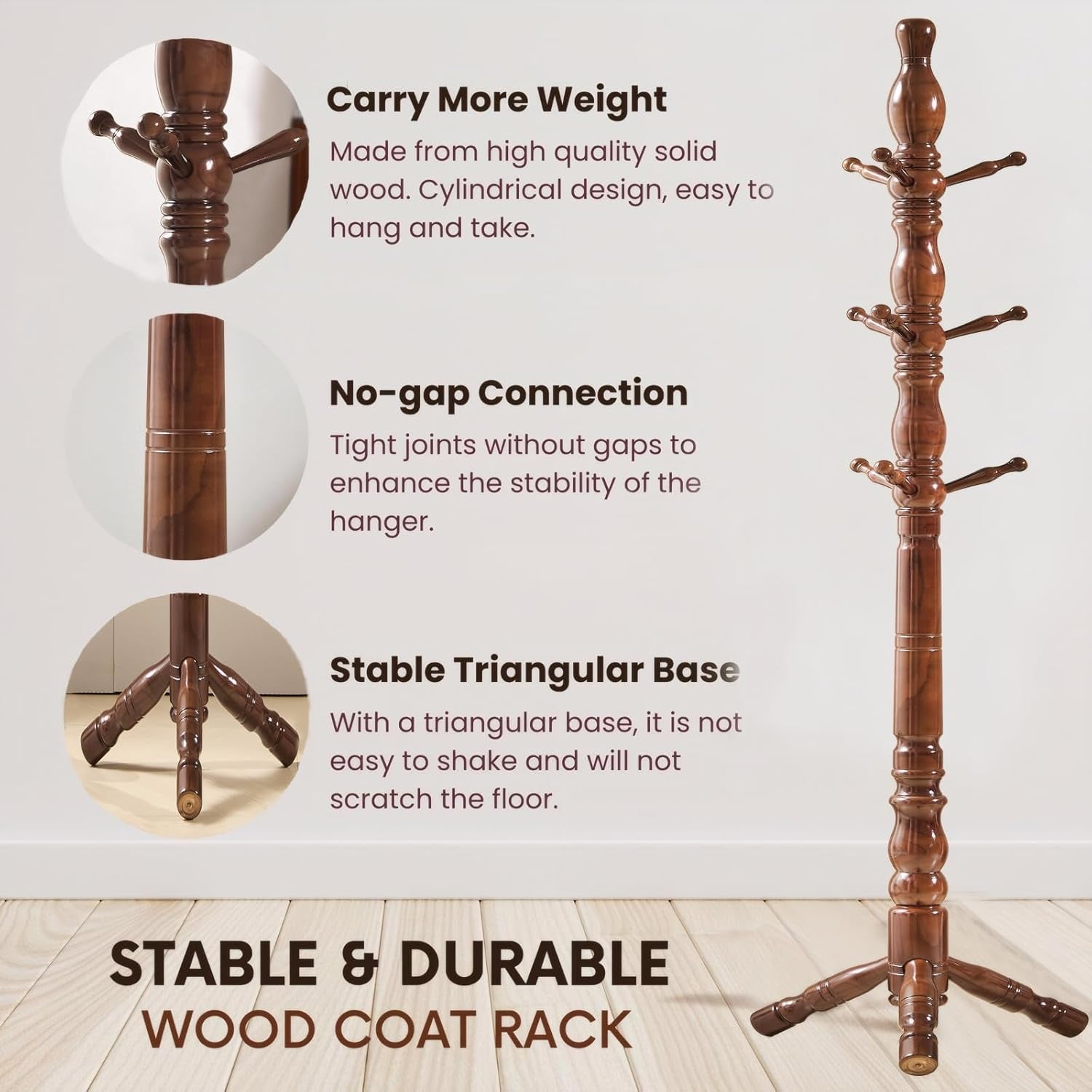 Coat Rack, Natural Wood Coat Racks with 3 Height Options and 9 Hooks,Coat Tree Ease of Assembly,Freestanding Hall Tree for Home/Office/Entryway/Hallway (Walnut)