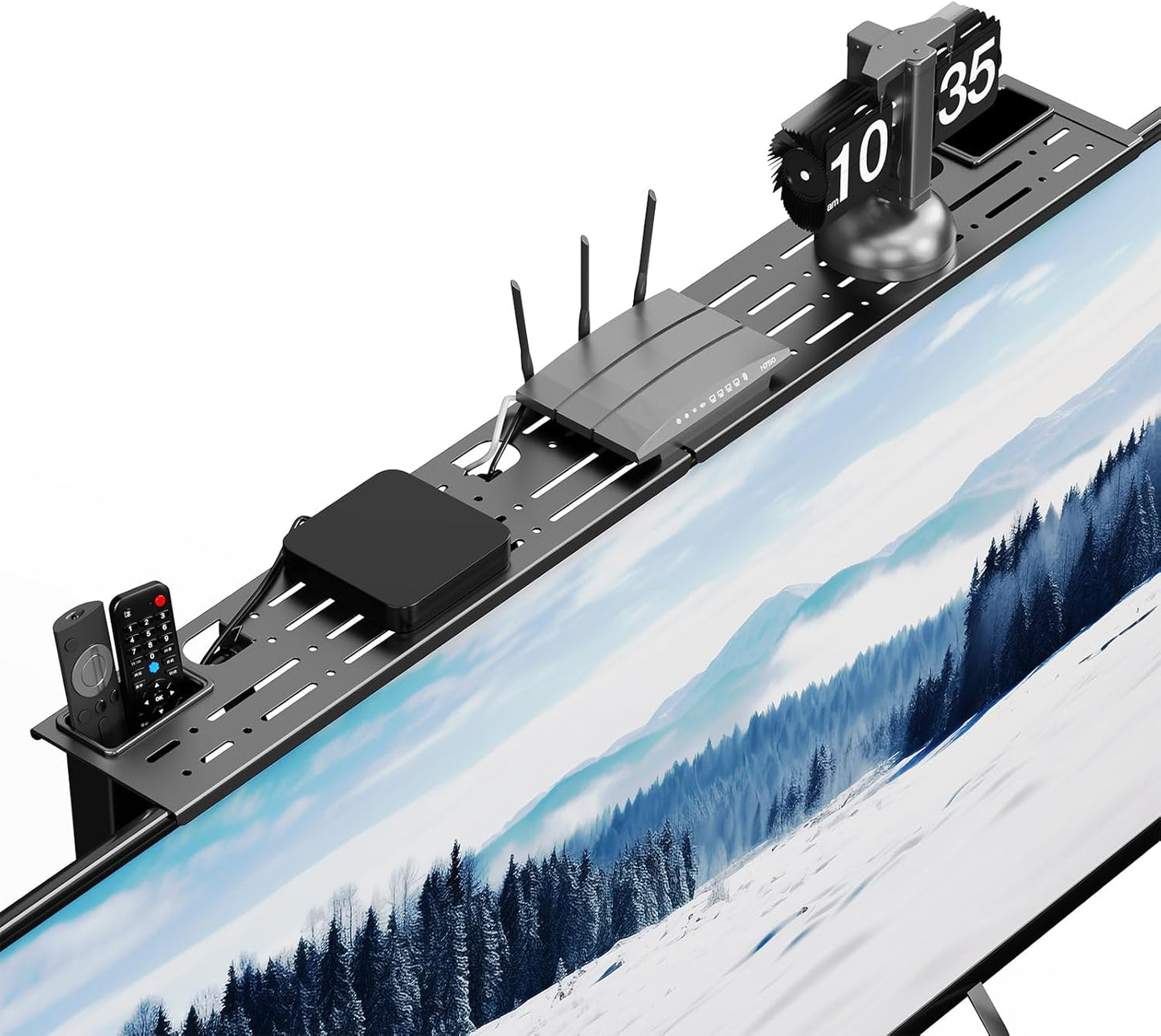 Steel TV Top Shelf- Adjustable Screen Shelf Floating Stand with 2 Storage Boxes,Computer Screen Shelf for Soundbar, Media Boxes, Game Console, Router and Home,34.65×4.33Inch