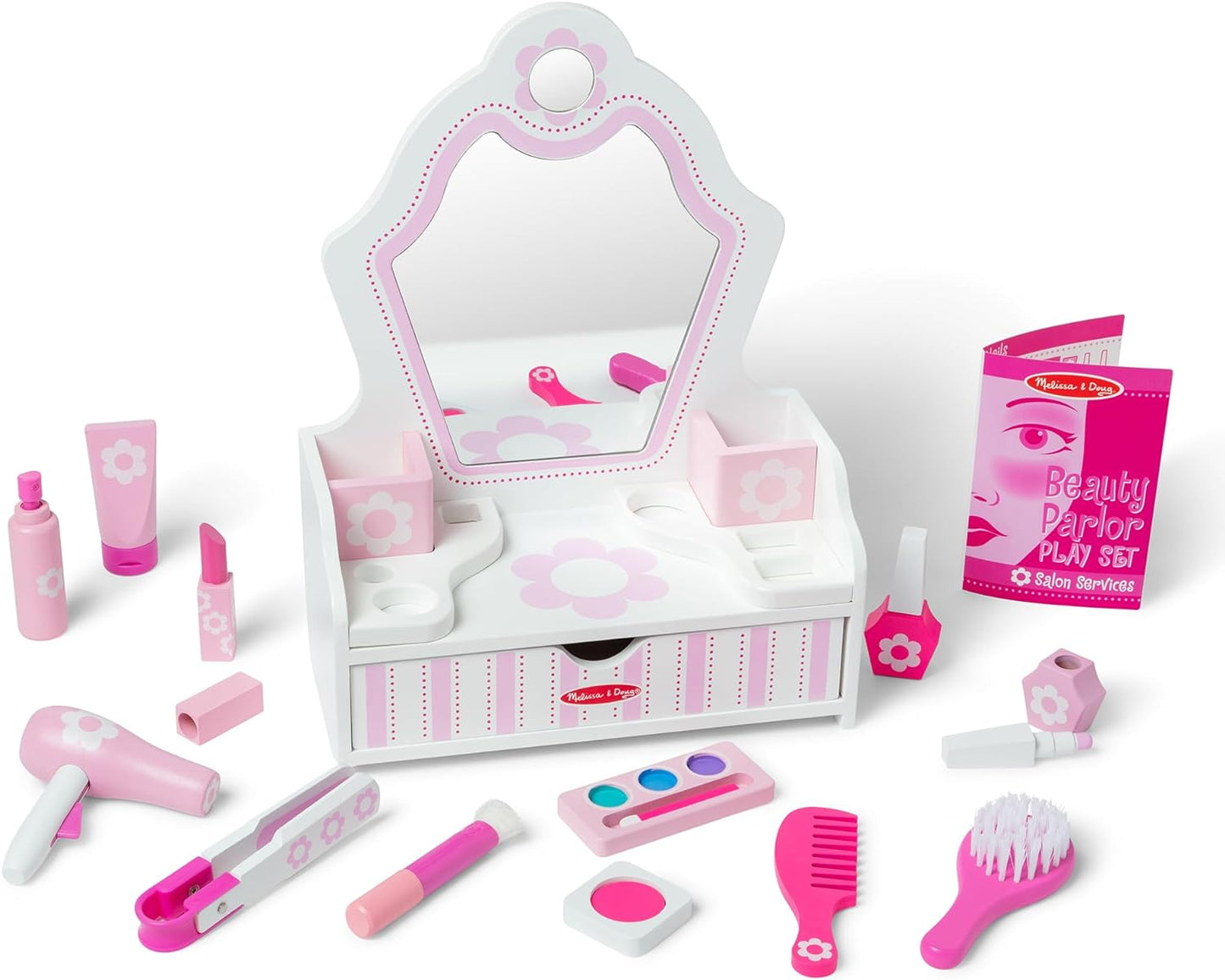 Wooden Beauty Salon Play Set, 18-Piece Vanity with Pretend Play Toys, Makeup, Mirror, Accessories & More, Preschool Toys for Girls & Boys Ages 3+ - FSC Certified