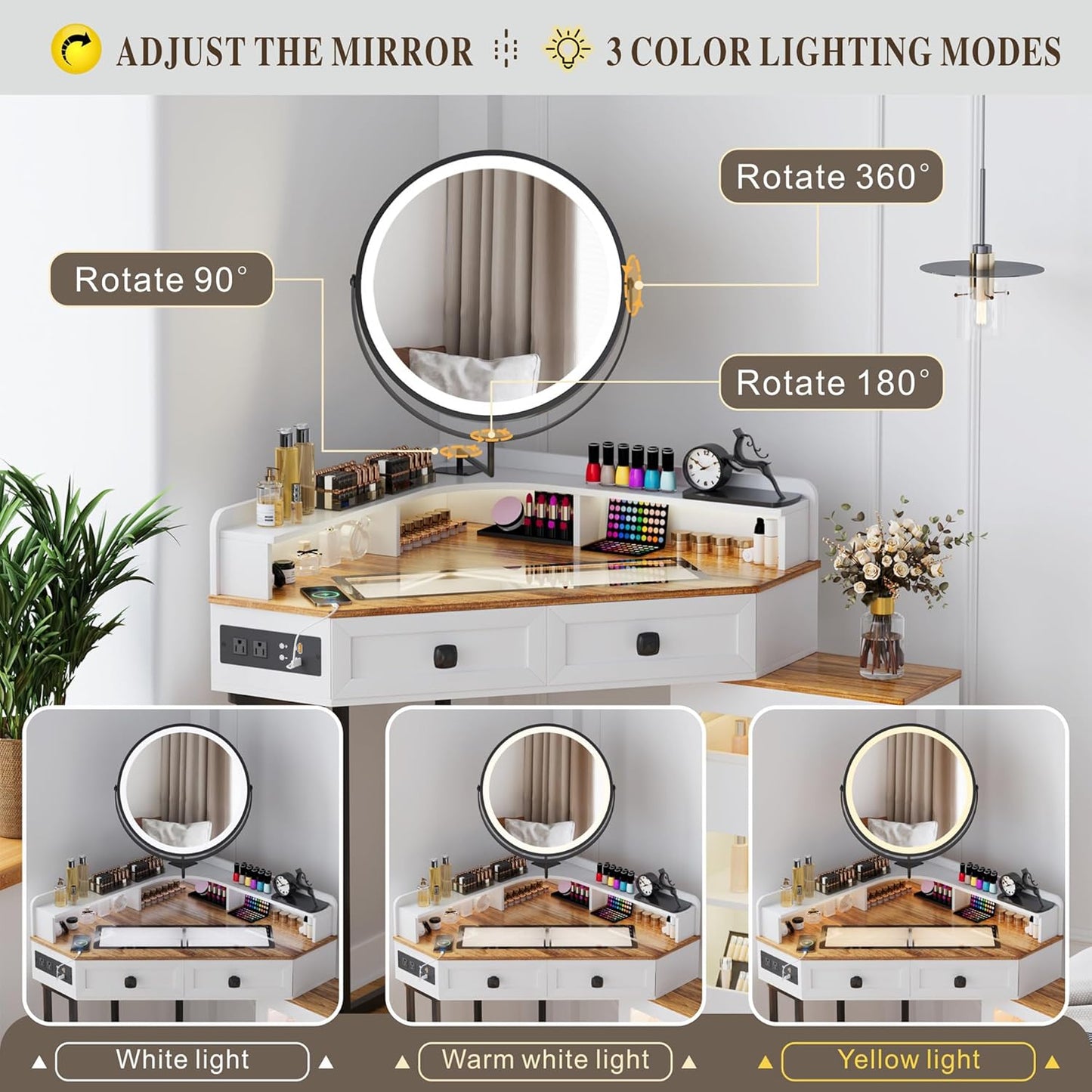 Corner Vanity Desk with Mirror and Lights, Modern Makeup Vanity with Charging Station & Human Sensor Light, Glass Top Dressing Table with 4 Drawers & Shelves for Bedroom (White)