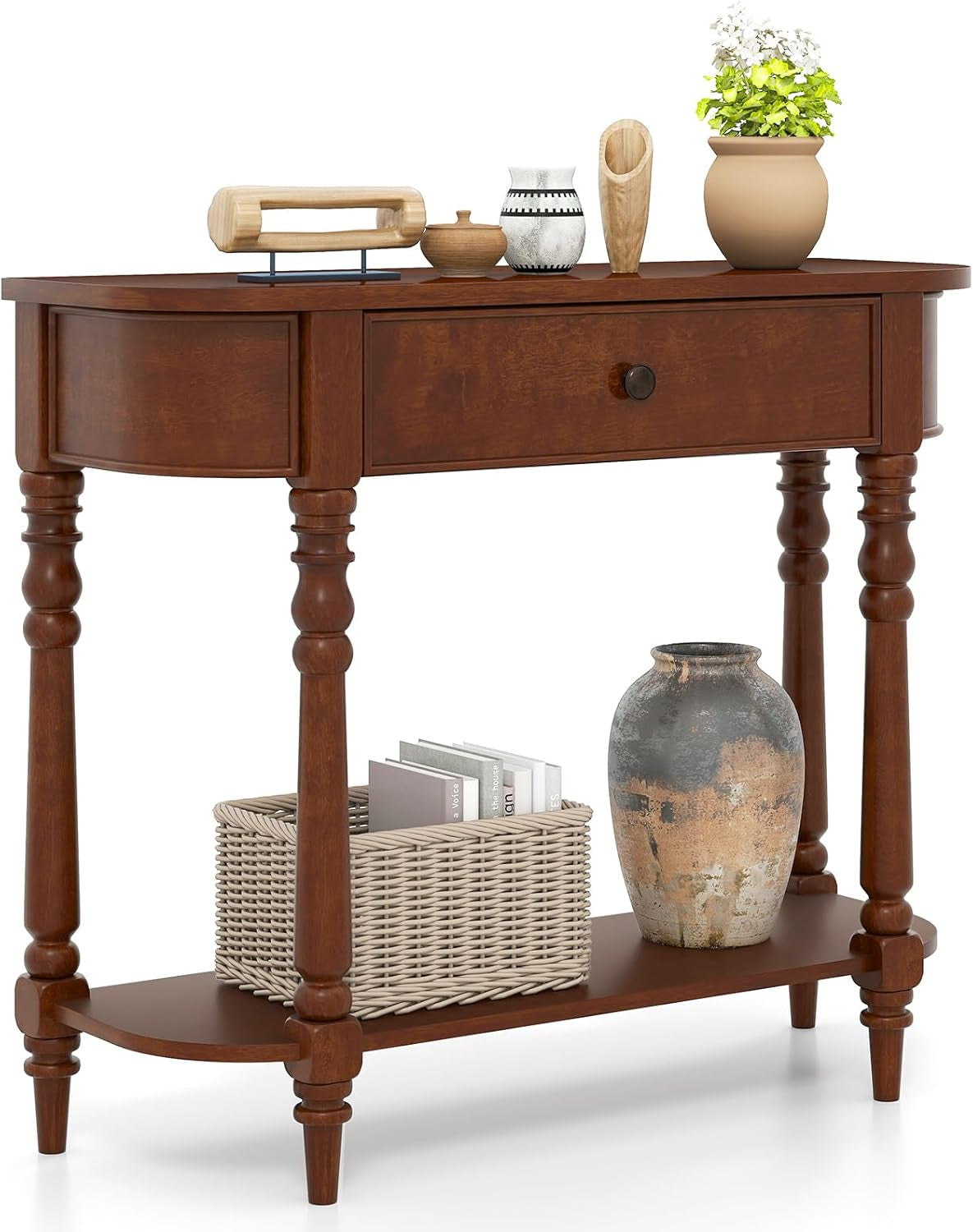 2-Tier Console Table, 36" Retro Entryway Table with Storage Drawer & Elegant Legs, Narrow Wooden Sofa Table with Open Shelf for Living Room, Foyer, Hallway, Bedroom, Entrance (Brown)