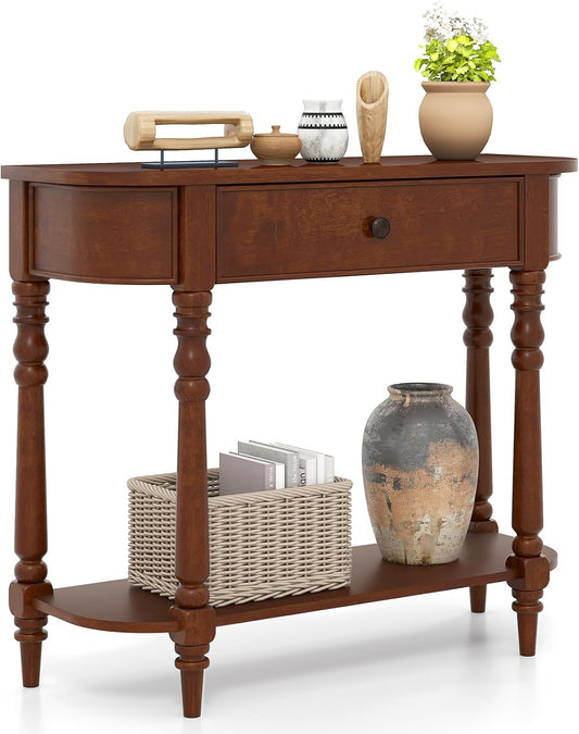 2-Tier Console Table, 36" Retro Entryway Table with Storage Drawer & Elegant Legs, Narrow Wooden Sofa Table with Open Shelf for Living Room, Foyer, Hallway, Bedroom, Entrance (Brown)