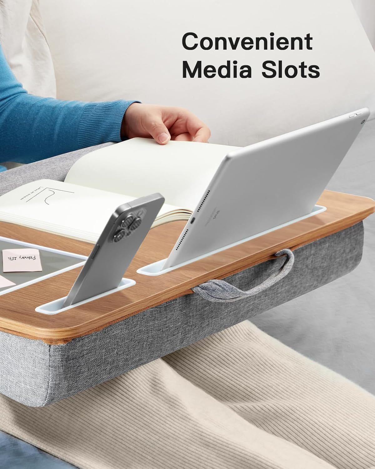 Lap Desk - Fits up to 17 Inches Laptop Desk, Built in Mouse Pad & Wrist Pad for Notebook, Laptop, Tablet, Lap Stand with Tablet, Pen & Phone Holder, Wood Grain