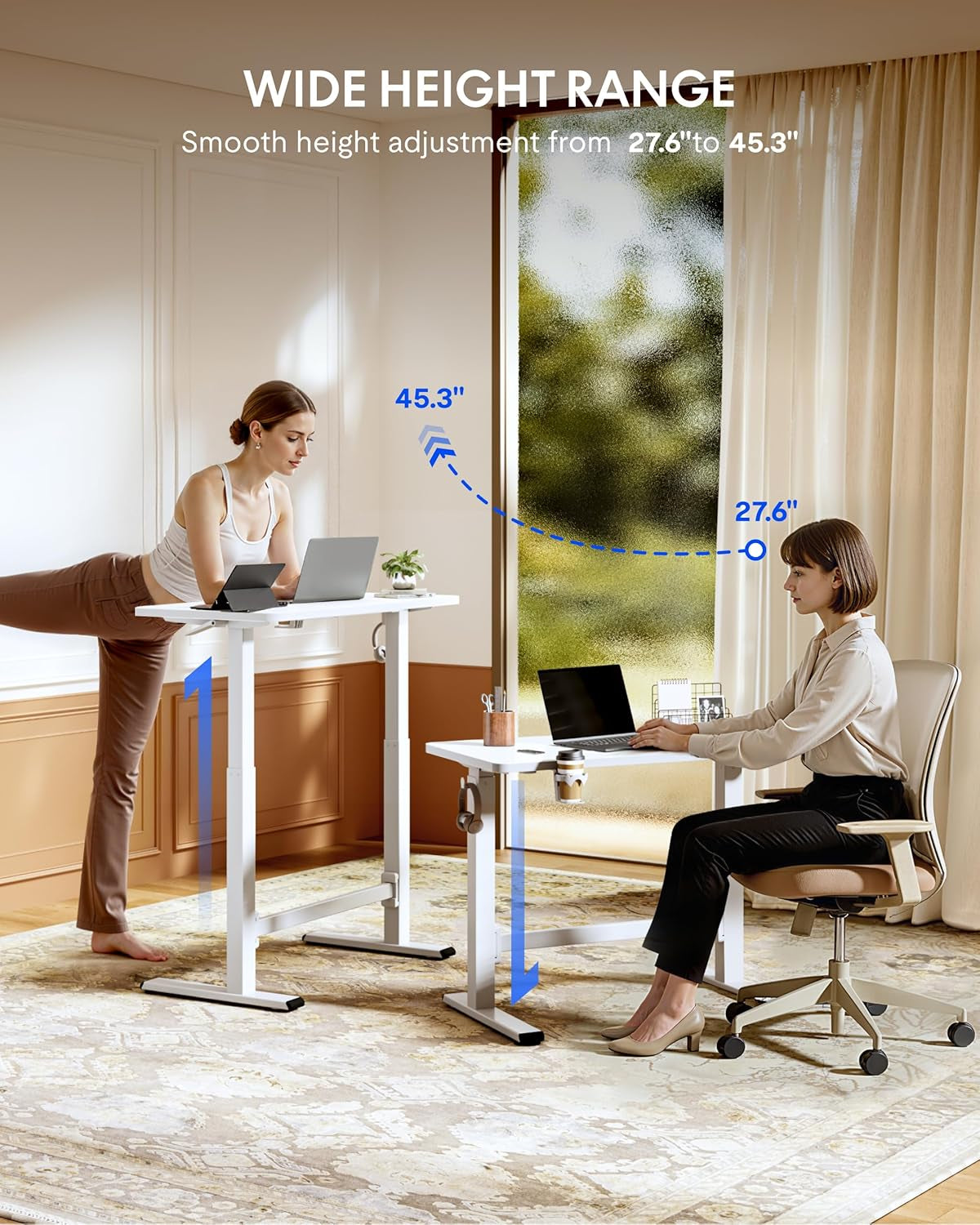 H7 plus Gas Spring Adjustable Standing Desk, Mobile Rolling Sit-Stand Table with Wheels, Cordless Stand up Desk for Small Spaces & Home Office, 32" One-Piece Desktop White,Height 27.6"–45"