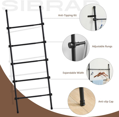Blanket Ladder Black Expandable Width (17.3-32.3 Inch) 5.4 Ft Tall 5 Rungs Metal Quilt Holder Rack Wall Leaning Strong Load Capacity, Modern Farmhouse Decor Easy Assembly for Living Room,Bedroom