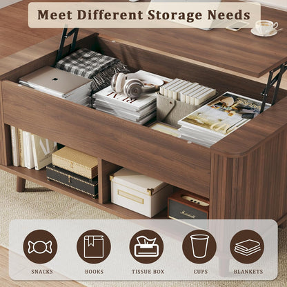 Lift Top Coffee Table with Storage, 41" Mid Century Modern Coffee Table with Fluted & Curved Profile Design, Hidden Storage Compartment, Lower Shelf Center Table for Living Room Office, Walnut