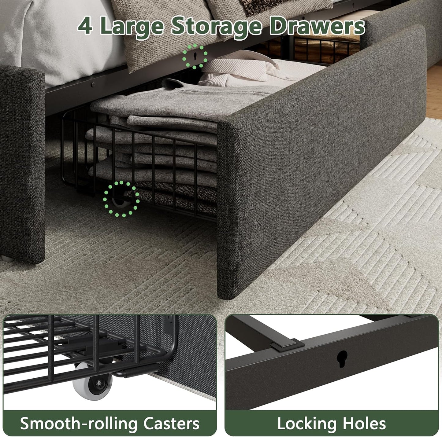 Queen Bed Frame with 4 Drawers and Storage Headboard, Grey Upholstered Platform Bed Frame Queen Size with Charging Station and LED Lights, Metal Slats Support, No Box Spring Needed