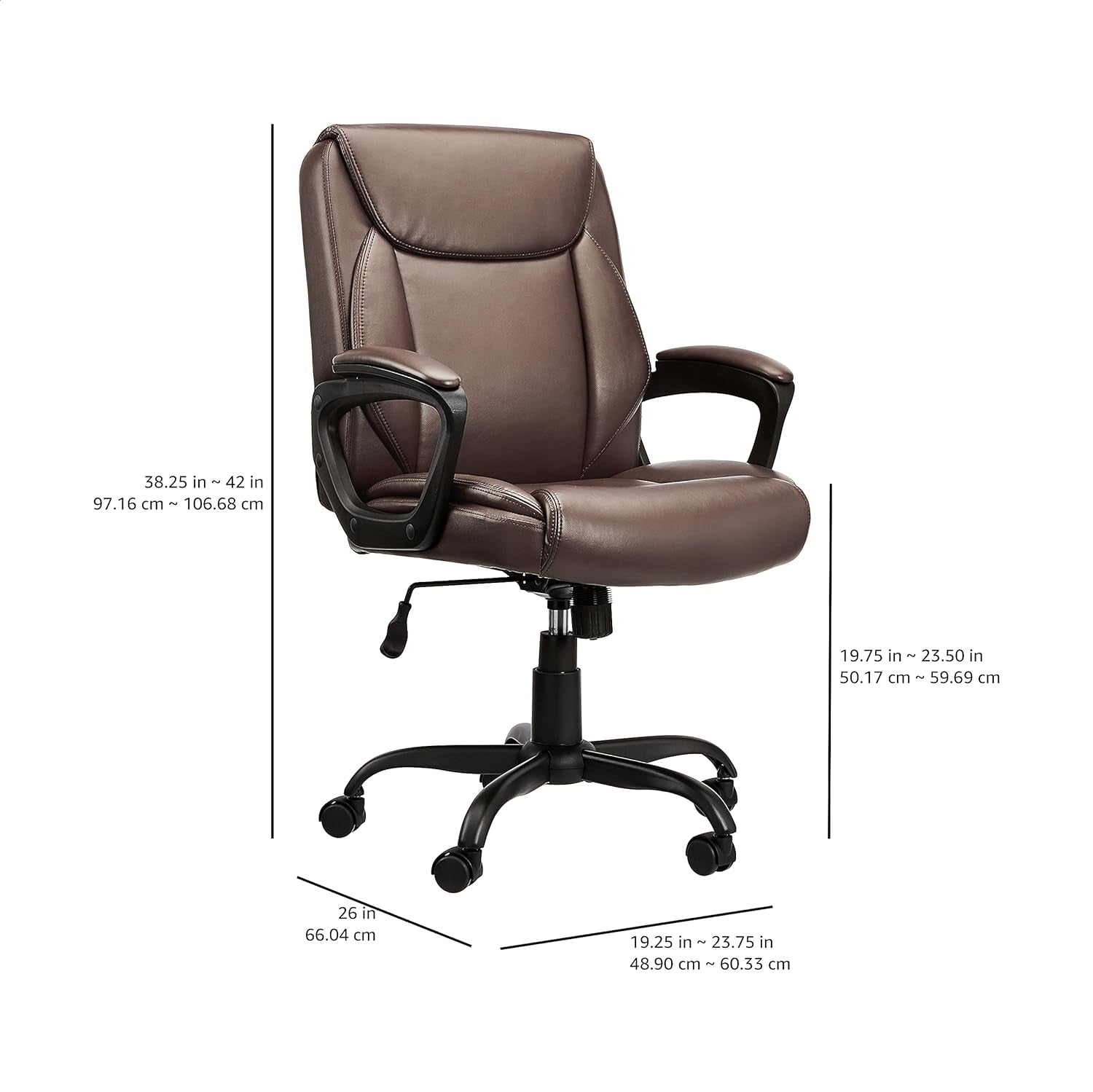 Classic Puresoft PU Padded Mid-Back Height Adjustable Office Computer Desk Chair with Armrest, 25.75"D X 24.25"W X 42.25"H, Brown