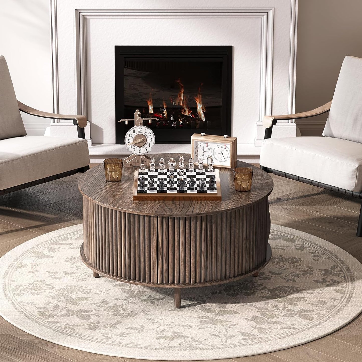 Round Coffee Table with Storage,Fluted Center Table with Sliding Cabinet Door for Living Room,Home Small Space,31.5" Small Center Table,Walnut